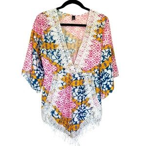 Beachy Wide Sleeve Lightweight Pull On Romper Cover Up with Lace Detail‎ Size L